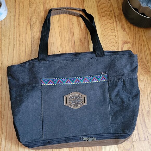 Adventure Exploration Canvas Tote Bag With Aztec Pattern Trim - Picture 1 of 5